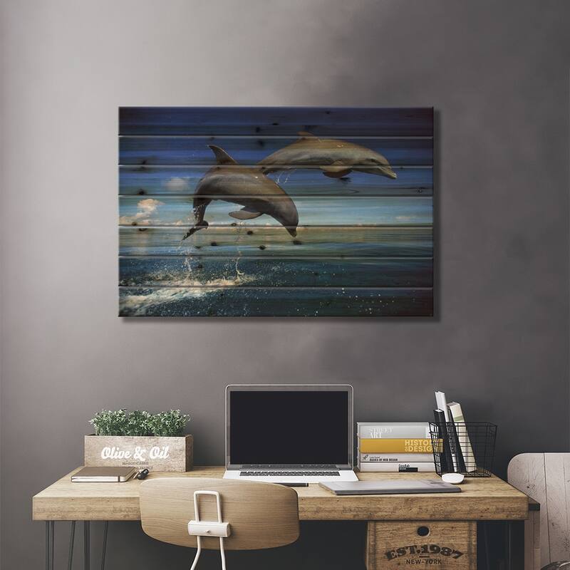 Bottlenose Dolphin Pair Jumping, Caribbean Print On Wood by Konrad Wothe - Multi-Color