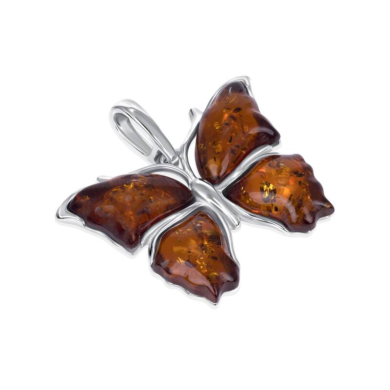 Baltic Amber Butterfly Pendant Necklace in Sterling Silver