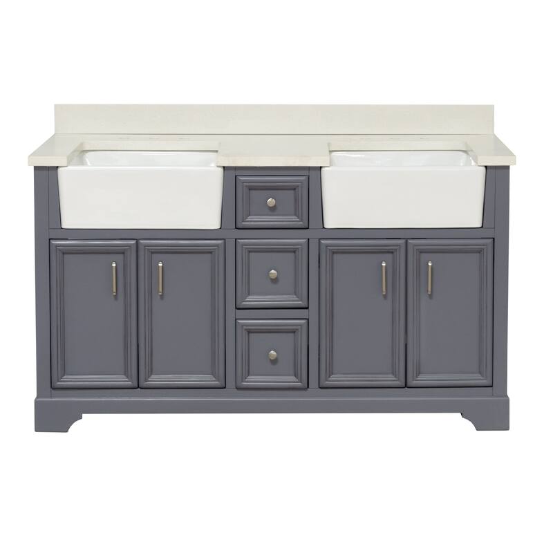 KitchenBathCollection Zelda 60" Double Farmhouse Vanity with Quartz Top