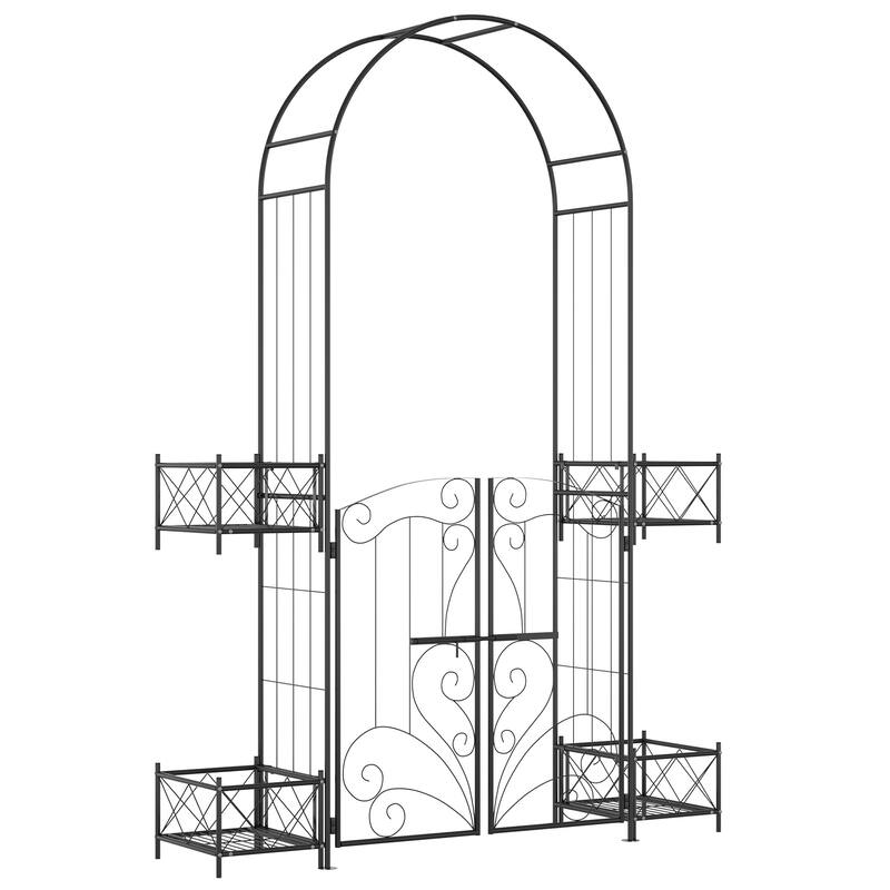 Outsunny 7' Metal Garden Arbor, Garden Arch with Gate, Scrollwork Hearts, Latching Doors, Planter Boxes
