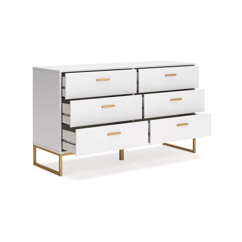 Alli Wide Dresser, 6 Drawers, Matte White Wood, Gold Metal, 59 Inch