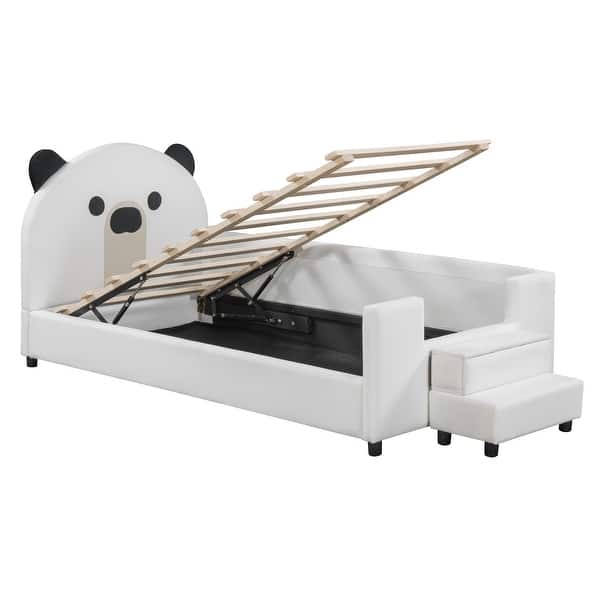 slide 2 of 12, Upholstered Bed for Toddler Daybed with Bear Shaped Headboard, Breathable Mesh Fence and Hydraulic System Frame Storage Bed White - Twin