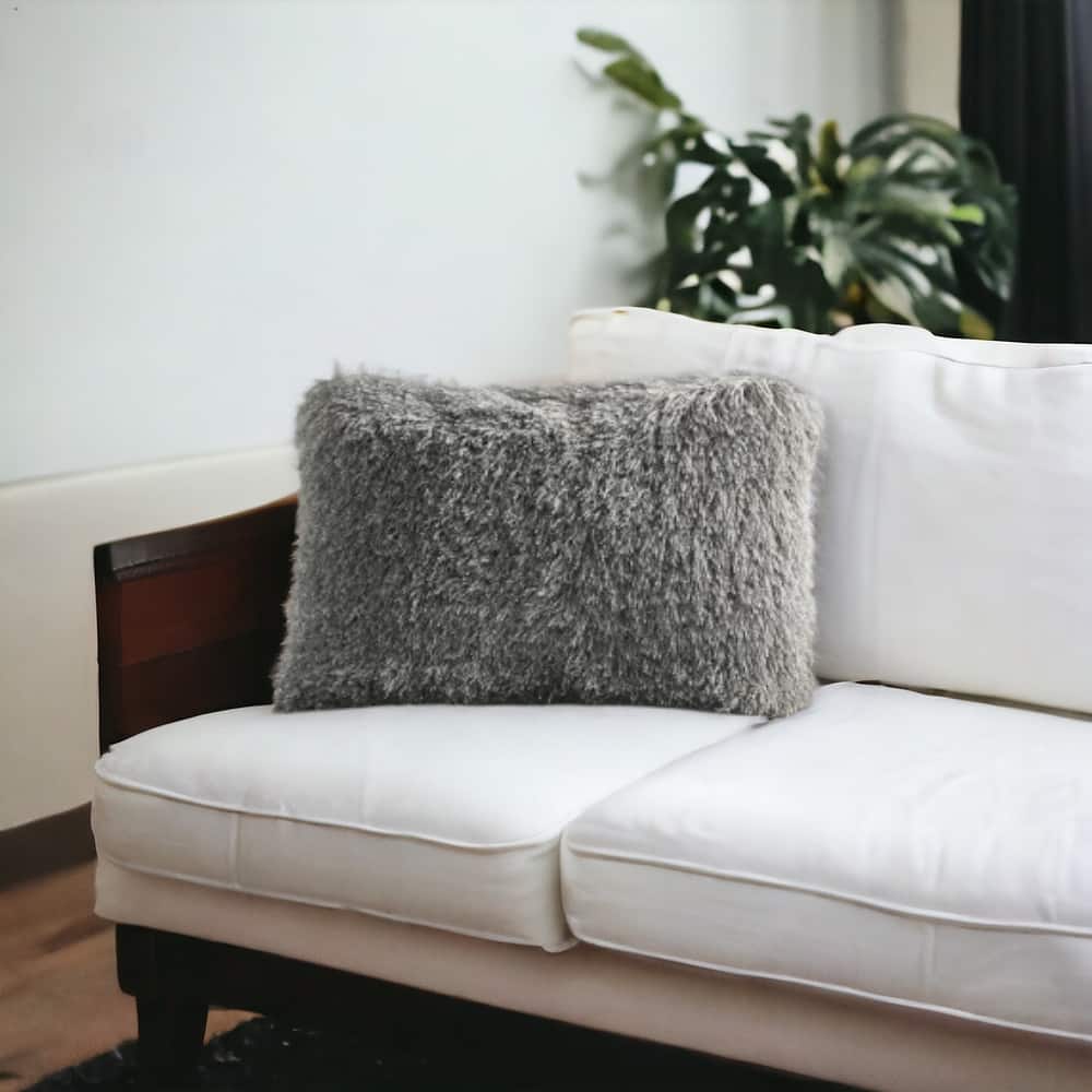 HomeRoots 14" X 20" Slate Gray Faux Fur Throw Pillow