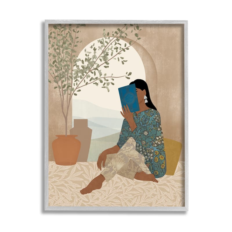 Stupell Boho Woman Reading Framed Giclee Art Design by Victoria Barnes - 24 x 30 - Grey