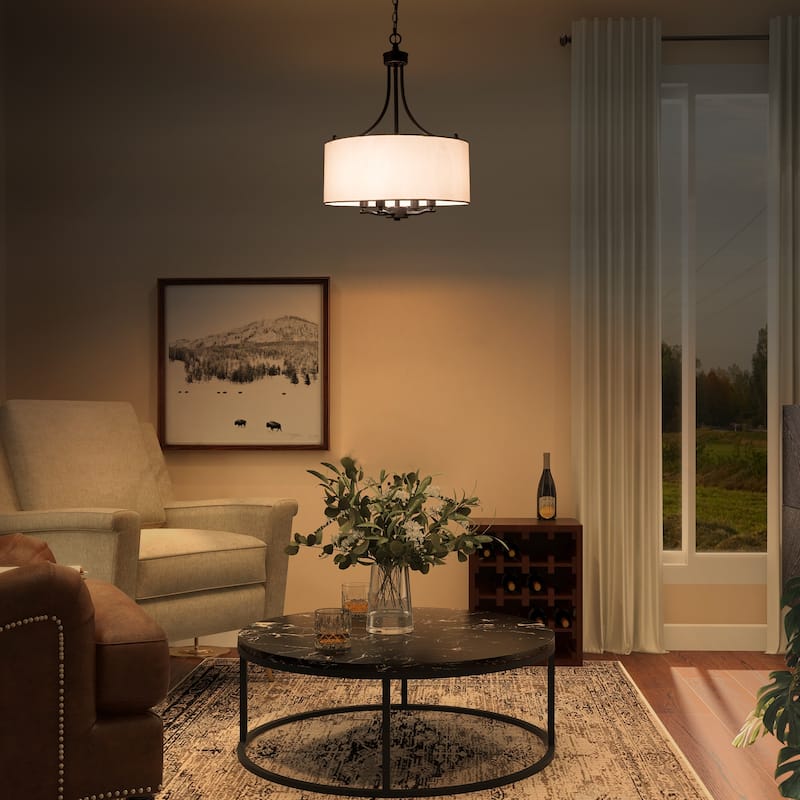 Modern Farmhouse Drum 4-Light Transitional Chandelier with Fabric for Dining room - 16'' L x 16'' W x 21.5'' H