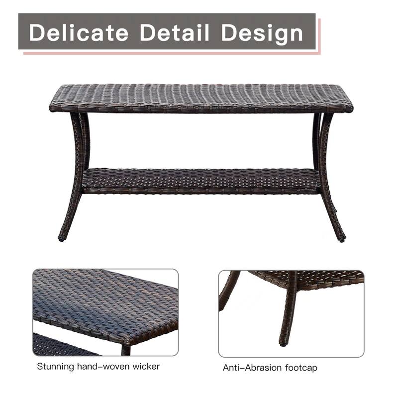 Pocassy Outdoor Wicker Coffee Table with 2-Tier Storage Shelf Brown