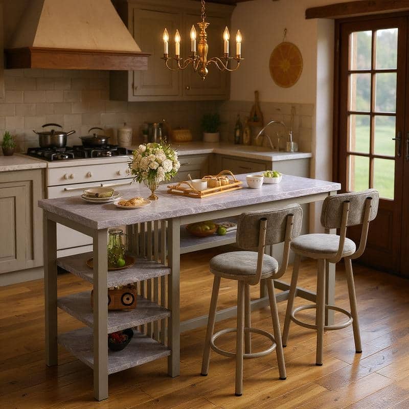 3-Piece Dining Room Table Set with 2 Upholstered Bar Stools, Modern Farmhouse Bar Table Set for 2 with Multiple Tier Shelves