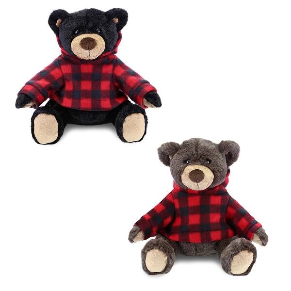 slide 2 of 7, DolliBu Plush Black Bear and Brown Bear with Red Plaid Hoodie - 10Lx8Wx9H inches
