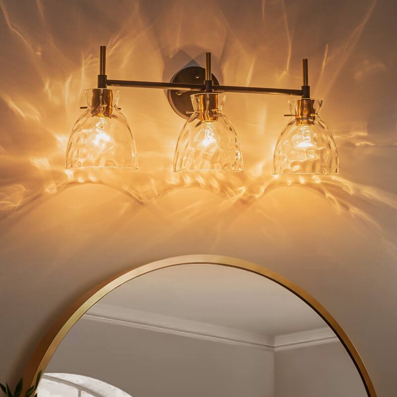 1-Light/3-Light Matte Black and Antique Brass Bathroom Vanity Light with Water-Rippled Glass Shade