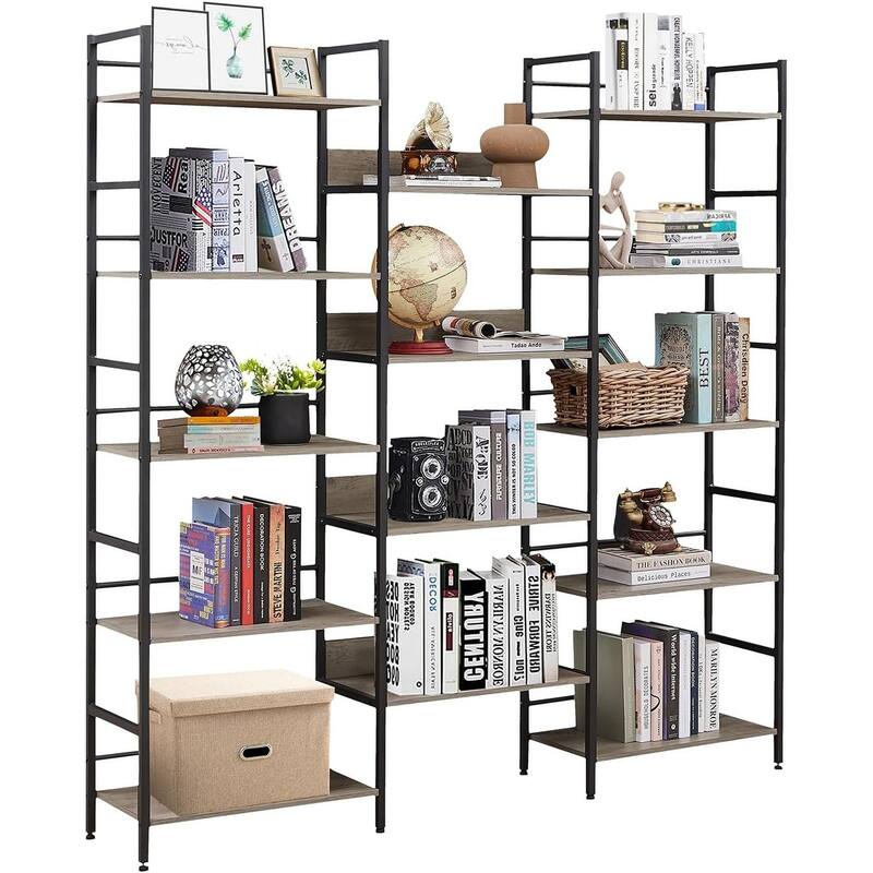 5 Tier Bookshelf Triple Wide Industrial Bookshelves and Bookcases, Large Open Display Shelf - Grey