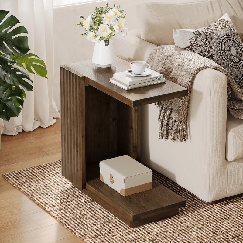 Solid Wood Side Table with Storage Shelf for Small Spaces, C Shaped Sofa End Table - Brown