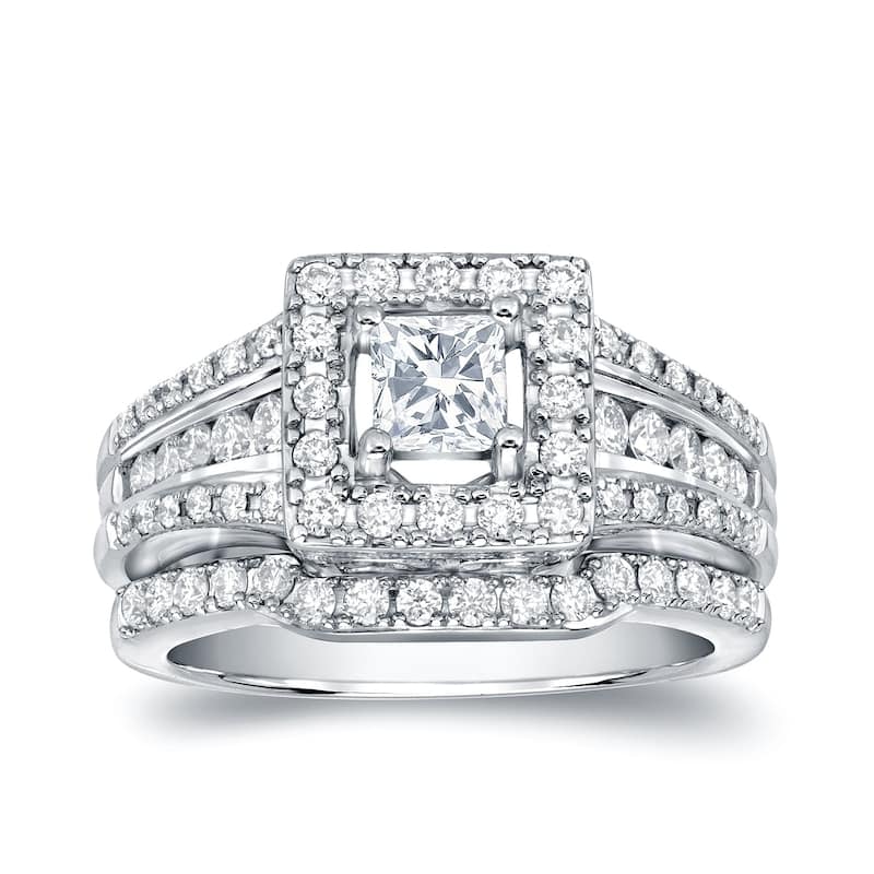 Auriya 14k Gold 1 3/8ctw Princess-cut Diamond Halo Engagement Ring Set