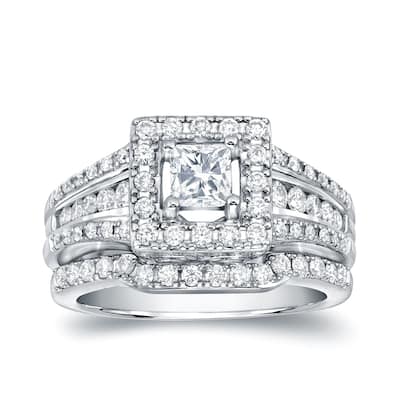 Auriya 14k Gold 1 3/8ctw Princess-cut Diamond Halo Engagement Ring Set
