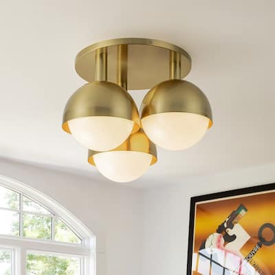 3-Light Mid-century Flower Bud Semi-Flush Mount With Opal Glass Globes - 18.7in
