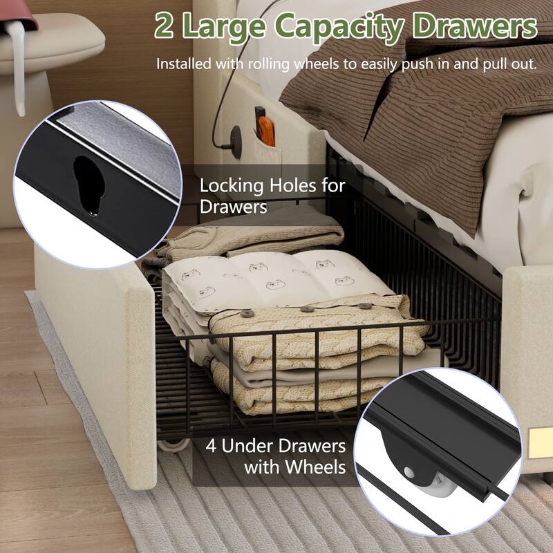 Upholstered LED Bed Frame with 2 Storage Drawers and Wingback Headboard Linen Fabric Platform Bed with Charing Station