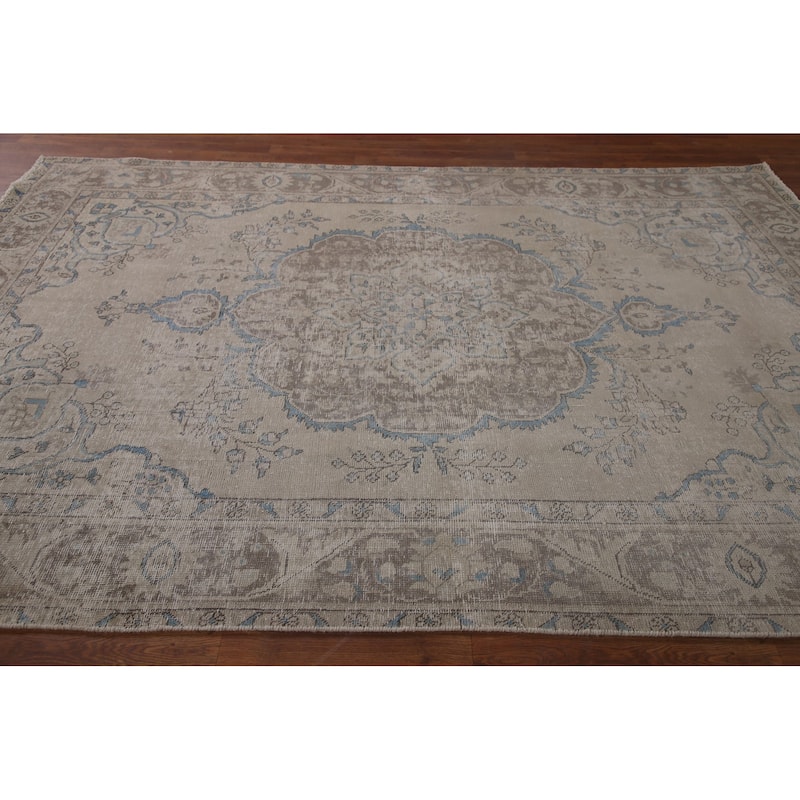 Beige Distressed Tabriz Persian Antique Area Rug Handmade Wool Carpet - 6'5" x 9'4"