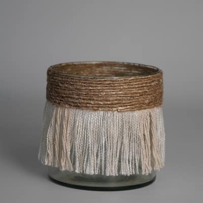 Votive Wrapped in Cream & Natural Fringe 6"x6"- A