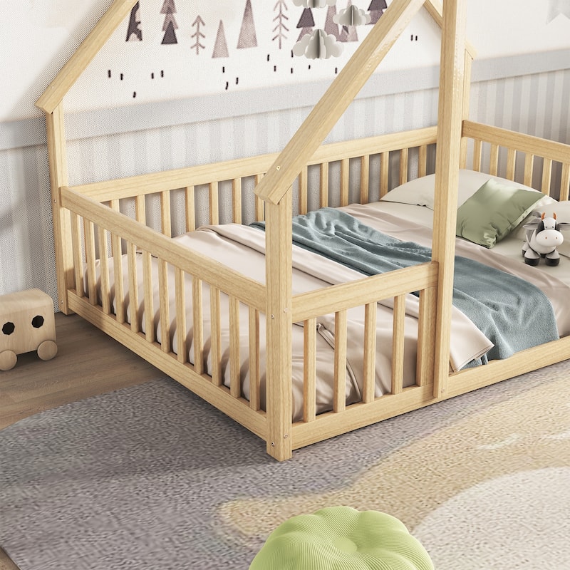 Natural Full Size Pine House-Shaped Floor Bed with Roof & Guardrails