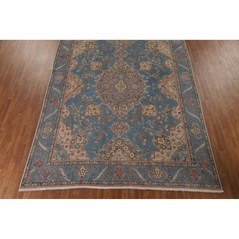 Distressed Blue Tabriz Persian Antique Area Rug Handmade Wool Carpet - 9'3" x 12'8"