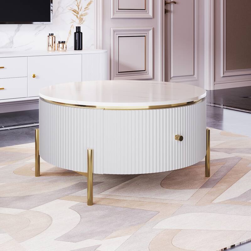 Roomfitters Modern Round Coffee Table with Storage, Gold Metal Legs, White Marble Top, 2 Hidden Compartments 31.5" - White