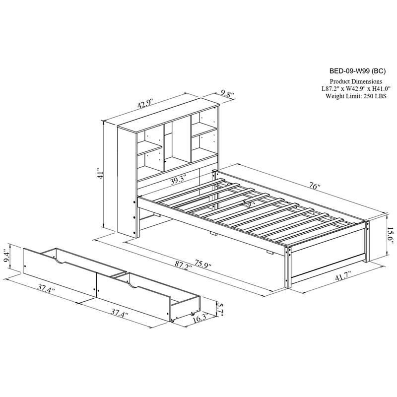 Twin Size Platform Bed with Built-in USB Port and Bookcase Headboard