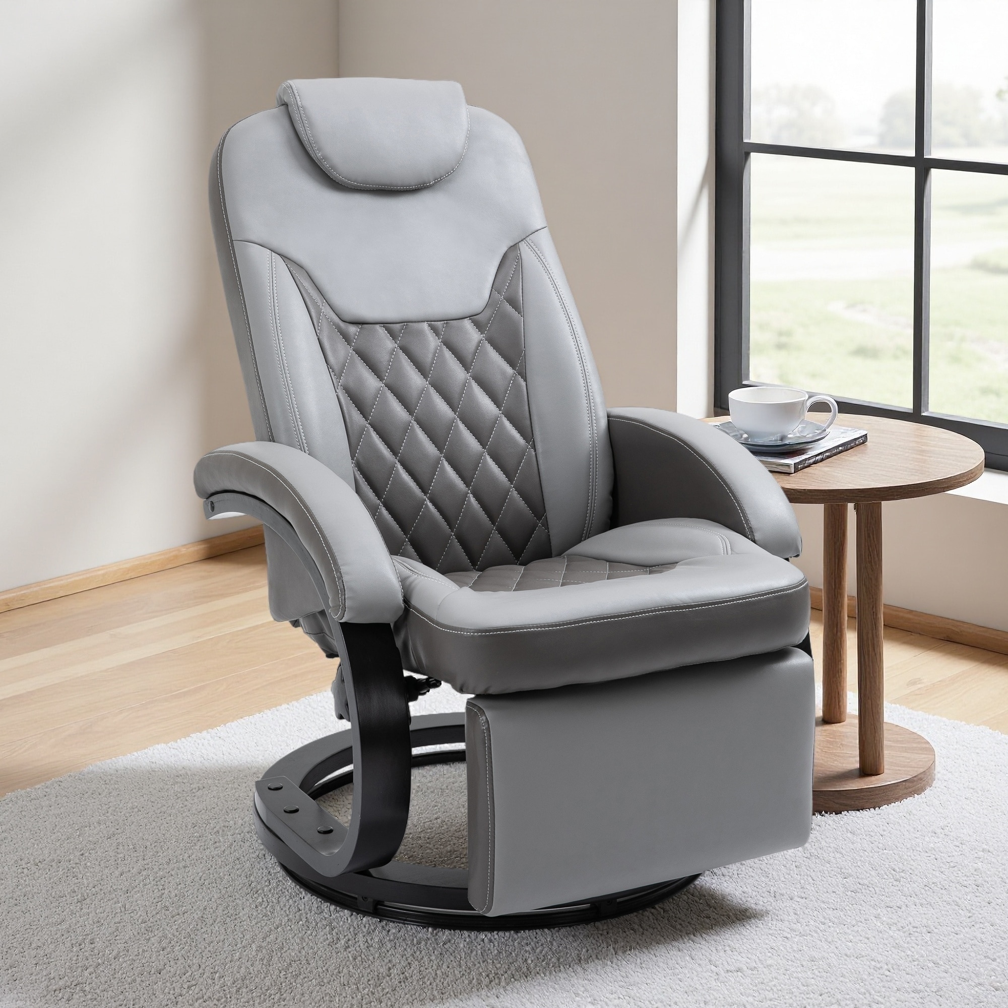 PU Reclining Armchair with Footrest and Headrest, 360° Swivel and Round Steel/Wood Base