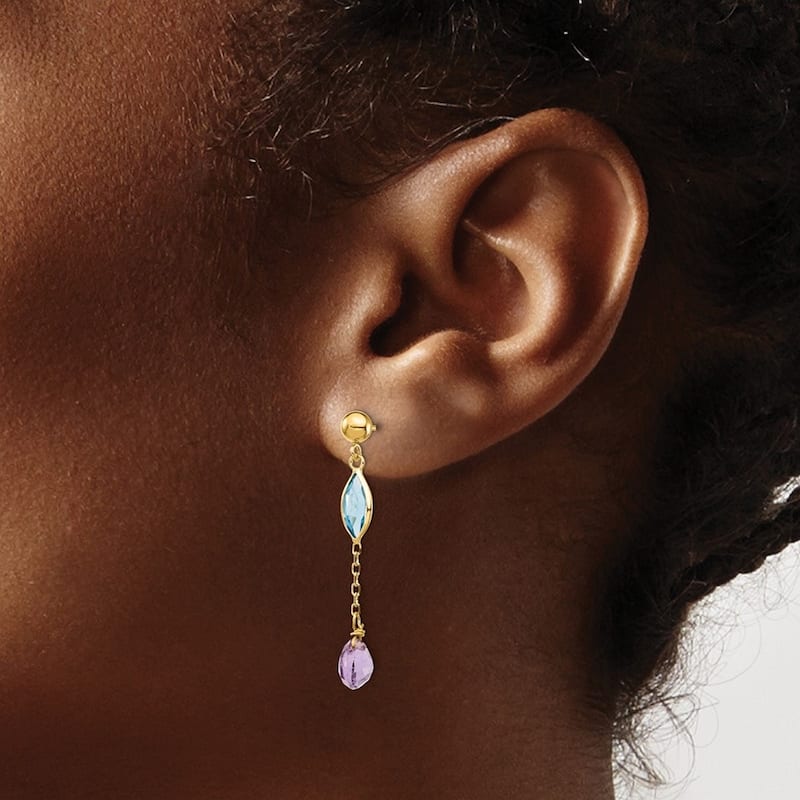 Curata 14k Yellow Gold Amethyst and Blue Topaz Post Earrings 35x5mm