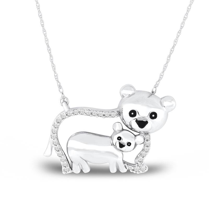 1/20ct TDW Diamond Two Tone Bear Pendant Necklace in Silver for Women - White