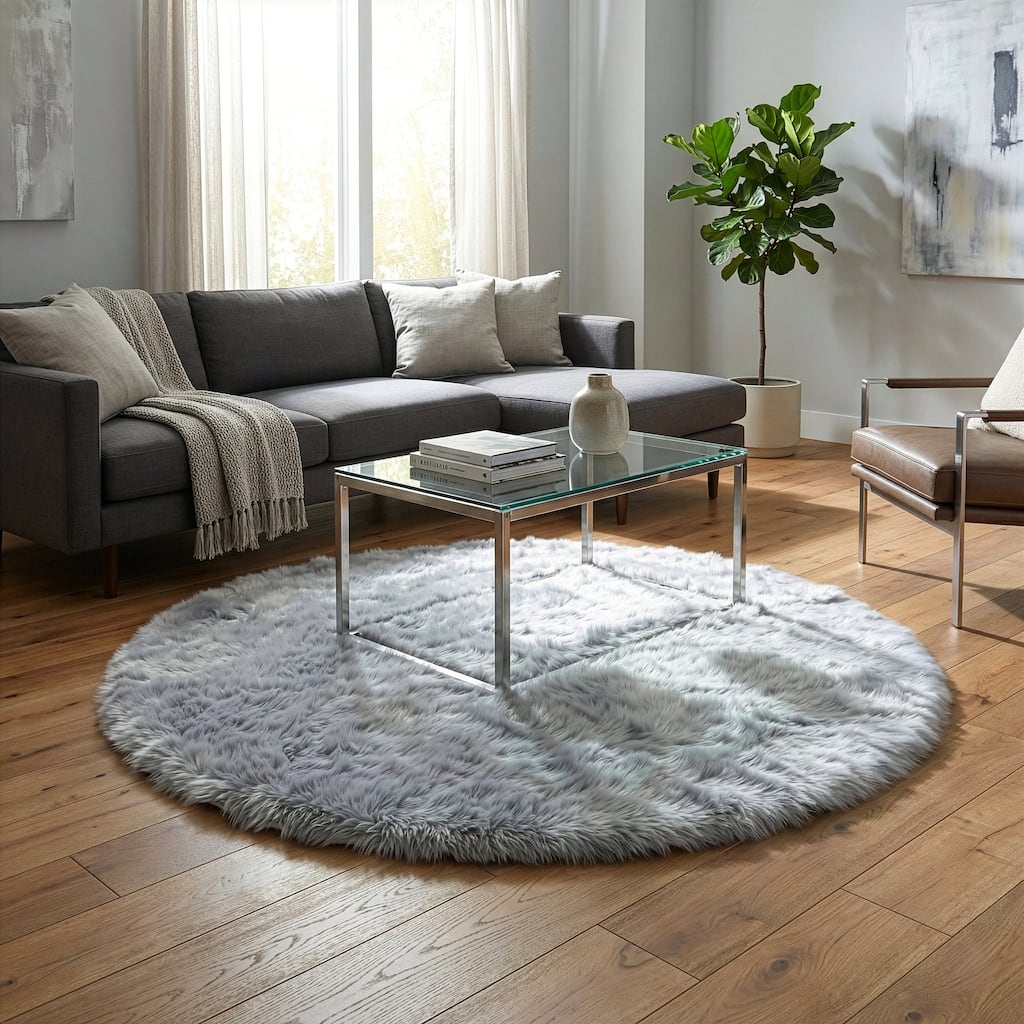 Aurora Grey Round imitative Fur Area Rug 4 Foot Wide - 4' Round - 4' Round