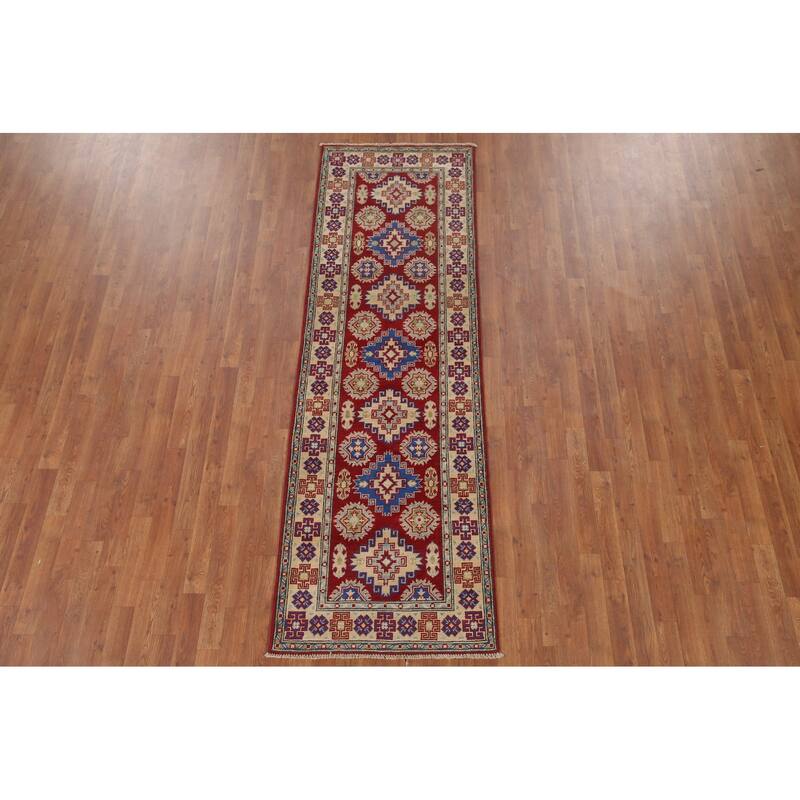 Hand Knotted Oriental 100% Wool Carpet Traditional Geometric Red Kazak Runner Rug - 8' 7'' X 2' 8''