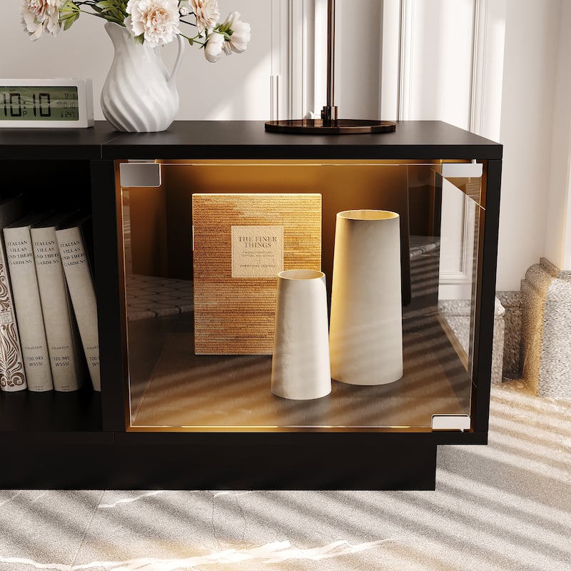 Modern Black Fireplace TV Stand Combo,Remote Fireplace Heater,2 Drawers,Light Strip & USB