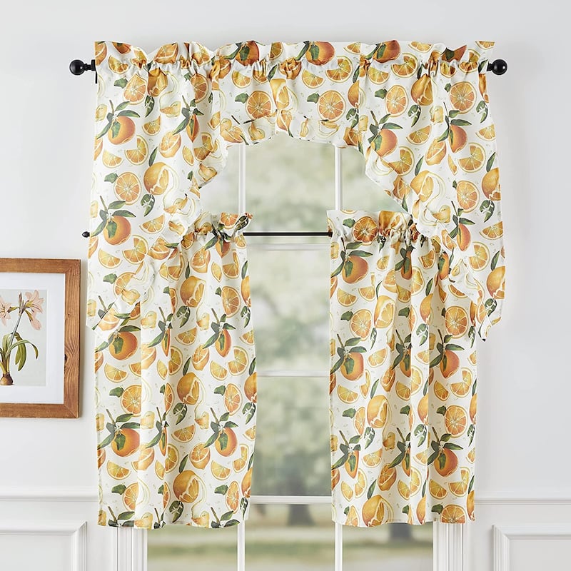 Violet Linen European Fruits Flowers, Oranges, 3pc Set 60"x 18" Valance, 30" x 36" Tiers, Decorative Window Kitchen Curtain Set