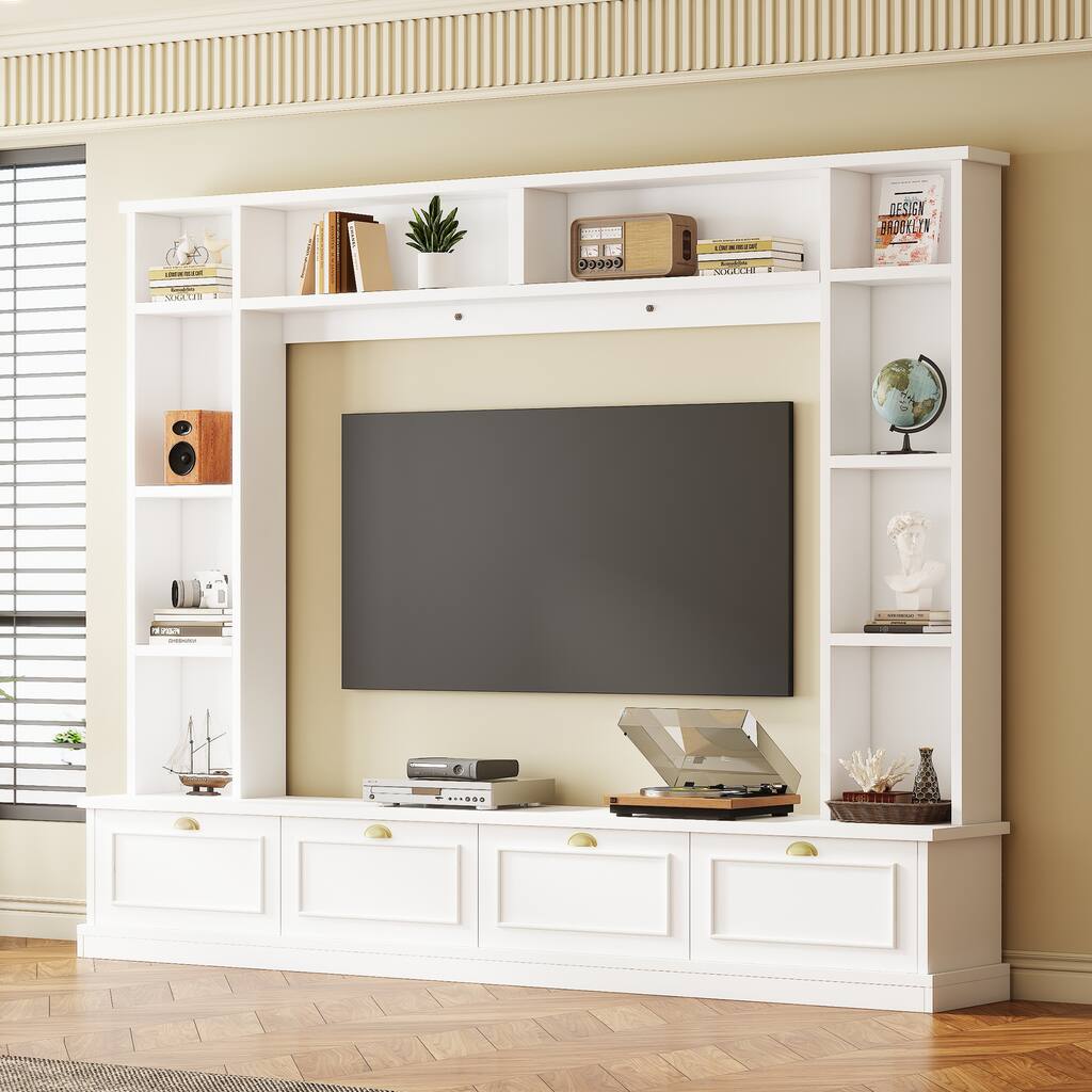 Stylish 4-in-1 TV Stand with Open Shelves, Cabinets, and Bookshelves, Fits TVs Up to 78"