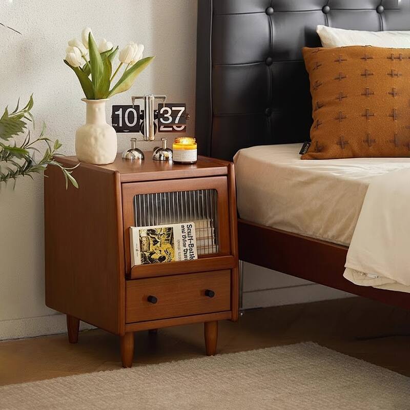 Traditional Vintage Pine Glass Nightstand 2-Drawer For Bedroom