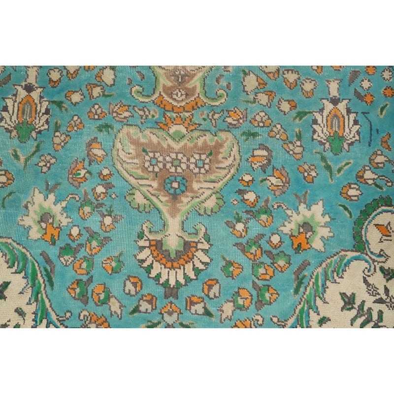 Hand Knotted Oriental 100% Wool Carpet Traditional Floral Navy Blue & Blues Tabriz Area Rug - 9' 2'' X 6' 3''