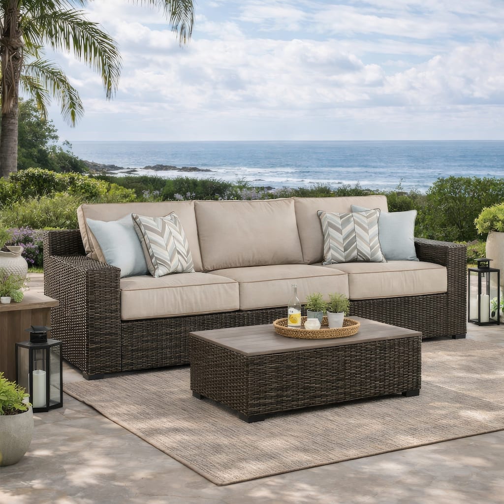 Waga 97 Inch Outdoor Sofa, 4 Throw Pillows, Brown Resin Wicker, Beige