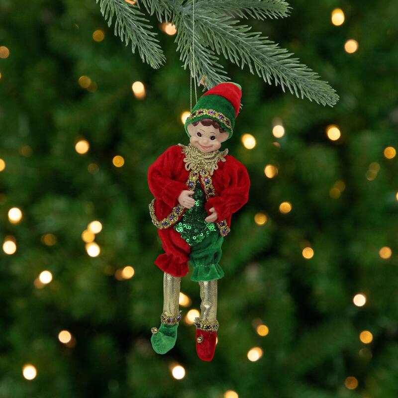 Bendable Elf in a Suit Hanging Christmas Ornament - 12" - Red and Green
