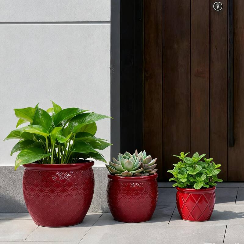 3 Pack Handmade Glazed Ceramic Planter, Ring Pattern Planter Pot - Bean Paste Red
