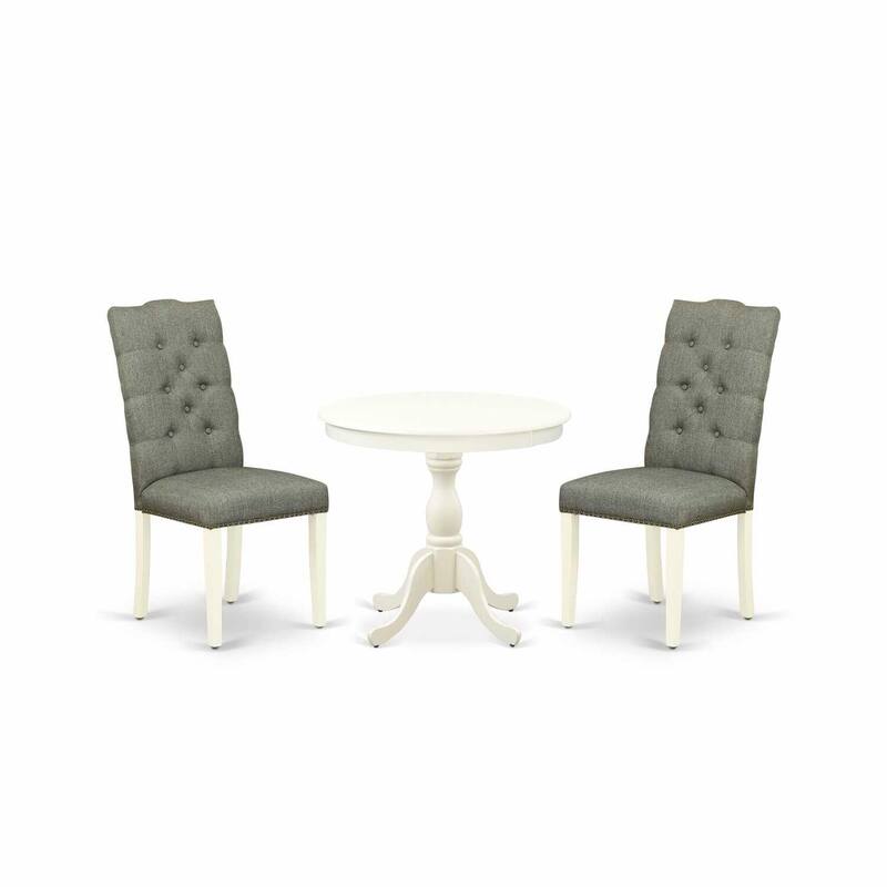 3-Piece Linen White Finish Solid Wood Top - Round Button Tufted Dining Room Set - Seats 4