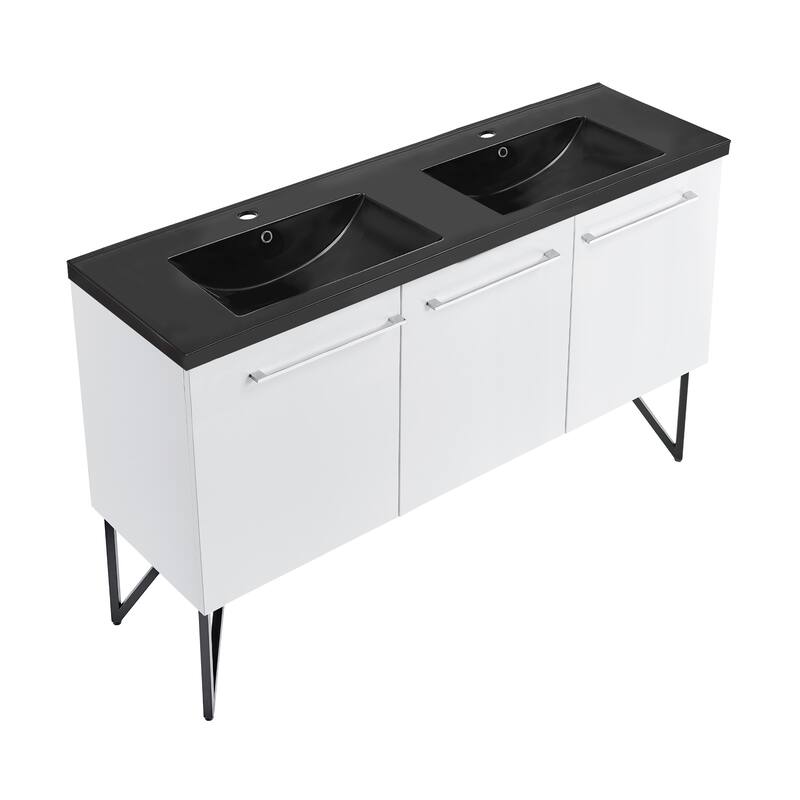 Annecy 60 In. White, Double Basin Bathroom Vanity With Black ArtificialStone Sink Top