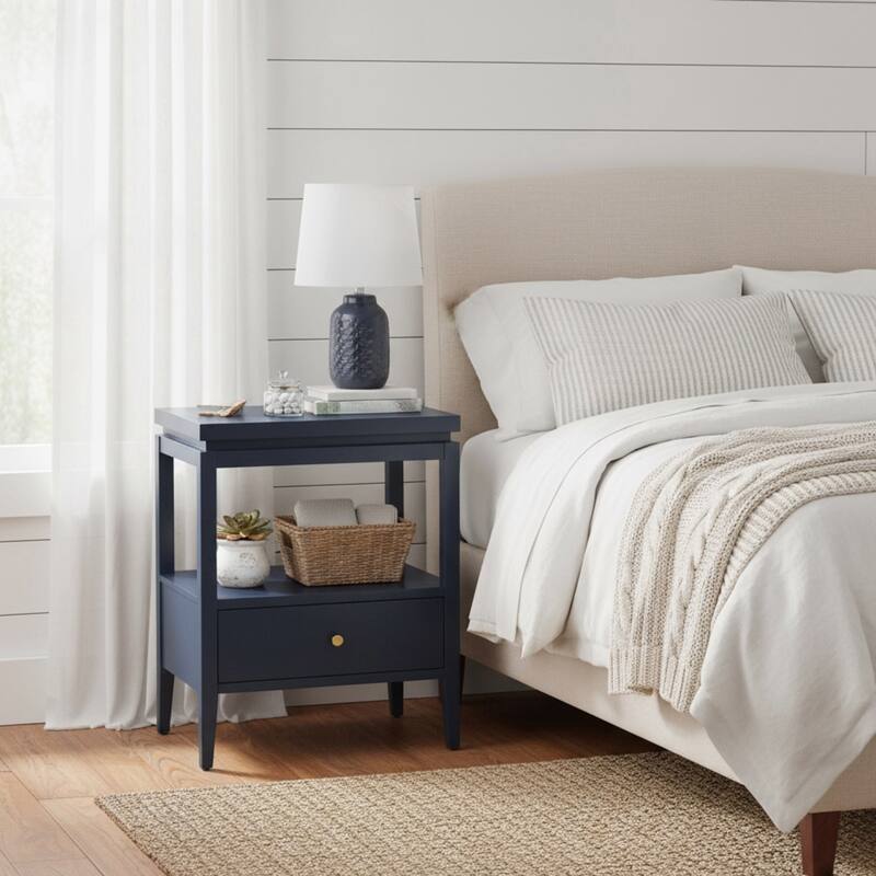 Modern Nightstand with Drawer and Floating Shelf Tapered Legs Design - Dark Blue