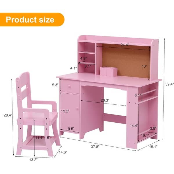 Kids Study Desk and Chair Set, White Wood Desk with Bookshelf, Bulletin Board, and Storage Cabinets