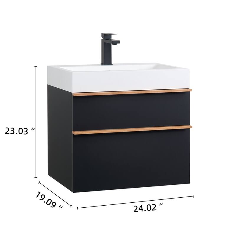 24 Inch Black Wall Mounted Bathroom Vanity With Integrated Acrylic Sink, 2 Soft-Close Drawers, Pre-Assembled
