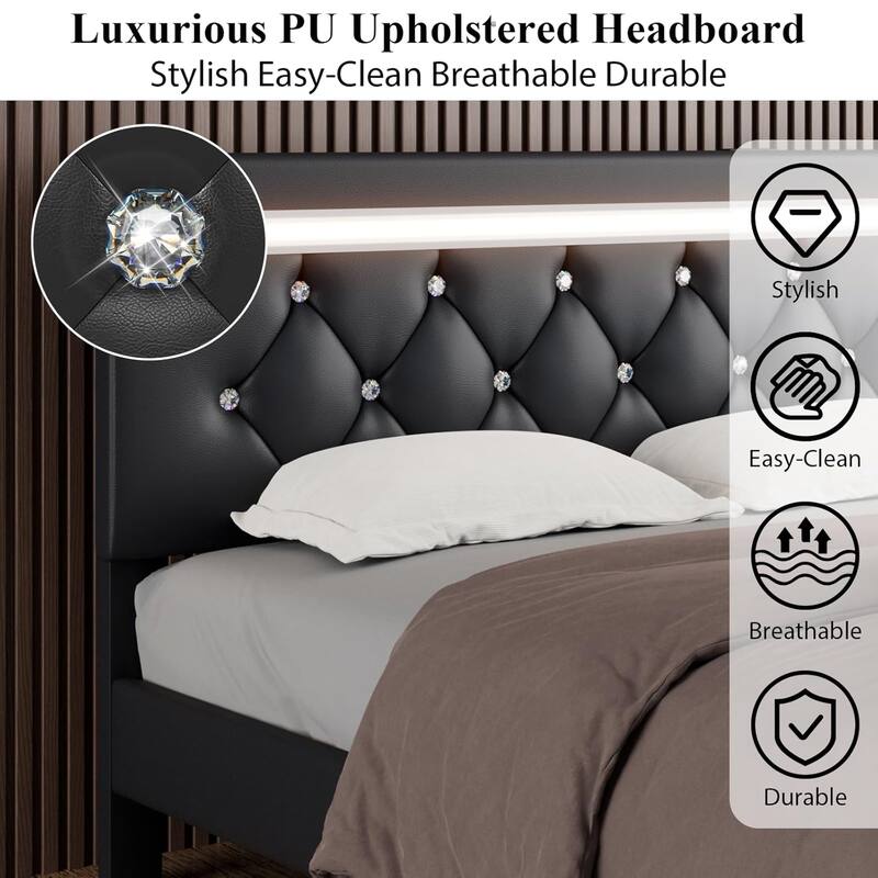 Queen Size Bed Frame with LED Light and Charging Station, Platform Bed with Handcrafted Crystal Button Adjustable Headboard
