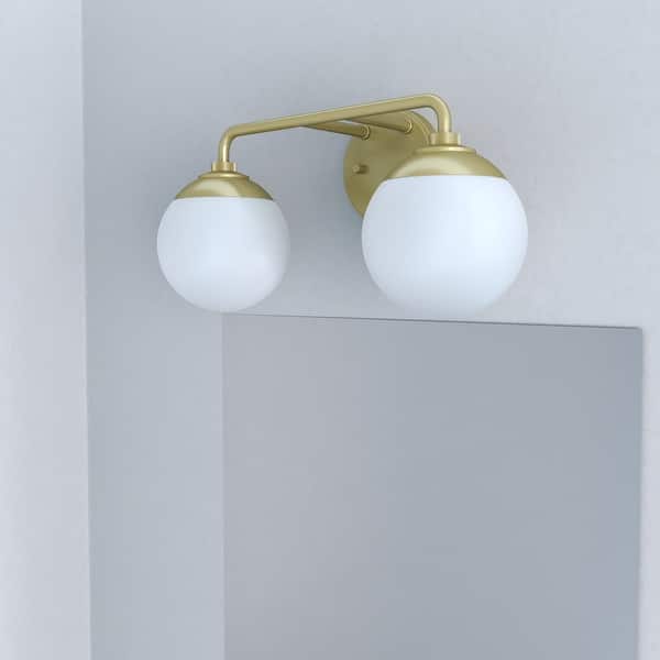 slide 2 of 10, Hunter Hepburn 2 Light Vanity Wall Light, Damp Rated - Vintage, Mid-Century Modern, Glam Painted Modern Brass