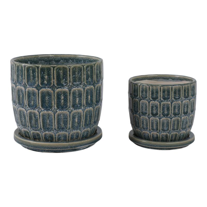 Stoneware Saucer Planters with Embossed Geometric Texture (Set of 2)