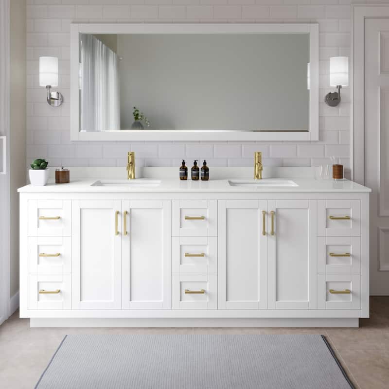 Wyndham Collection WCF292984D-QTZ-UNSMXX Miranda 84" Free Standing - White / White Quartz Top / Brushed Gold Hardware