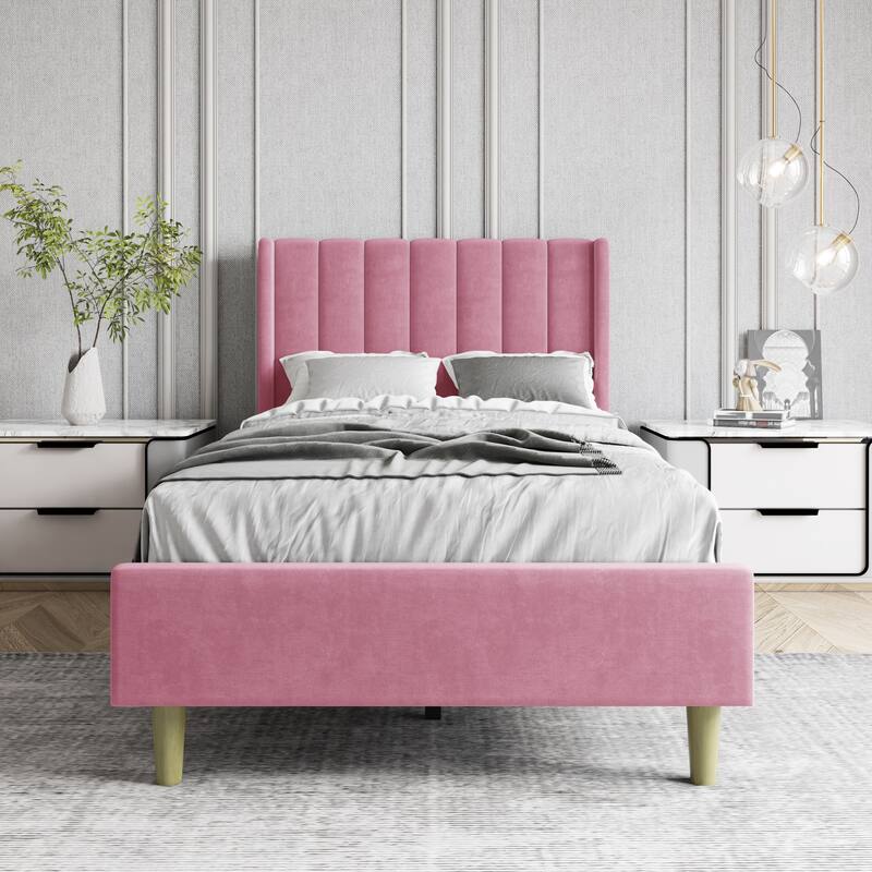 Aufank Bed Frame Upholstered Platform with Wooden Slats, Noise-Free