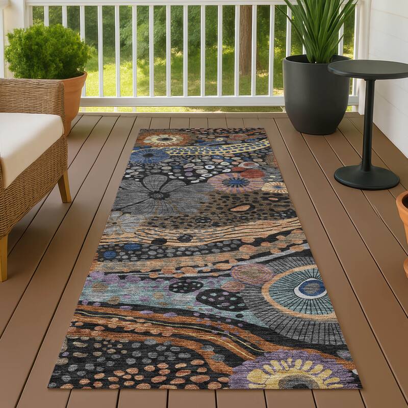 Machine Washable Indoor/ Outdoor Whimsy Floral Chantille Rug - Black - 2'3" x 7'6"