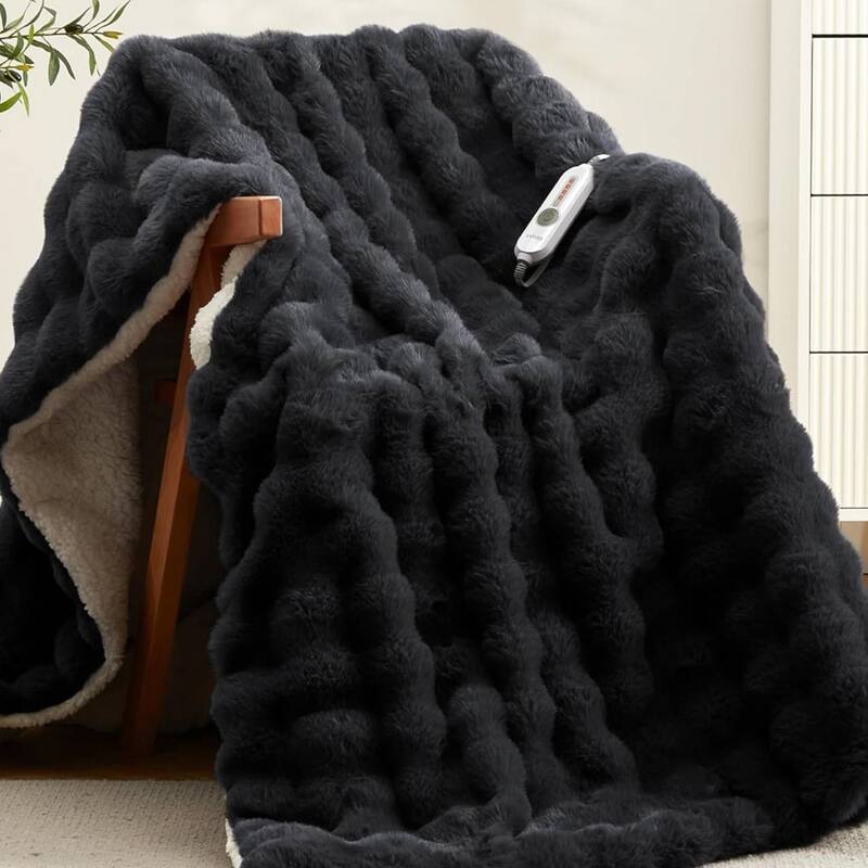 Dual Control Faux Fur Soft Bubble Electric Heating Blanket, Dark Grey - 50*60 inch
